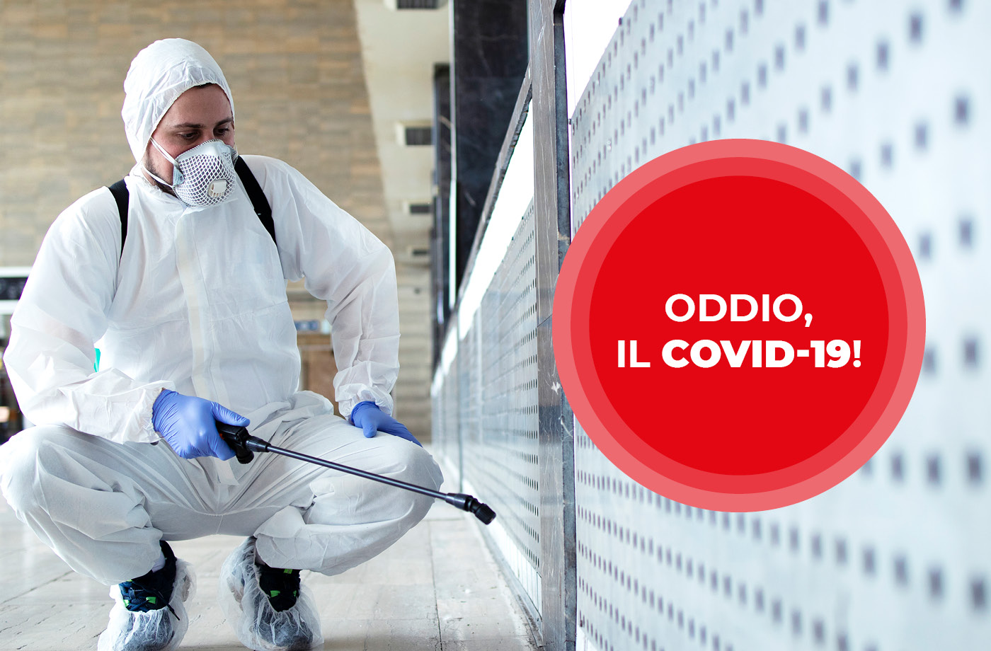 uomo che sanifica gli ambienti per la sicurezza aziendale contro il covid19